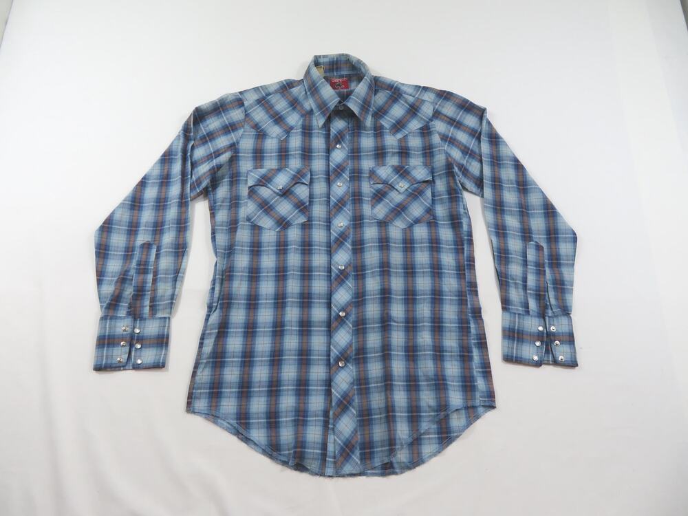 Chute 1 Pearl Snap Shirt Western Plaid Check Blue Beige Sz 15.5-34 1980s